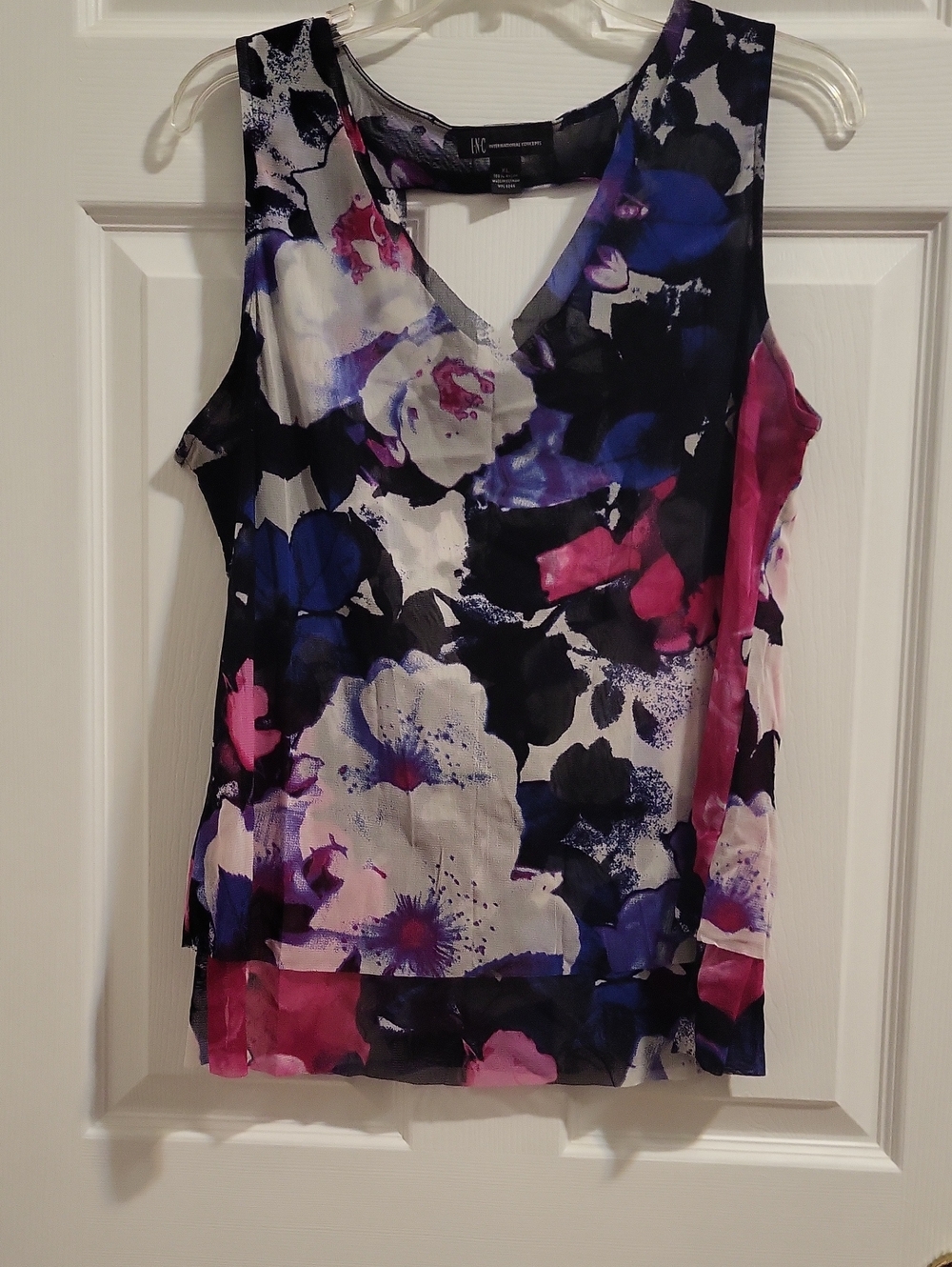 INC International Concepts Floral V-Neck Sleeveless Blouse — Black, White & Pink